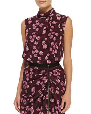 Draped Cherry-Blossom-Print Top