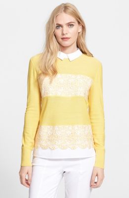 'Edwina' Embroidered Panel Merino Wool Collared Sweater