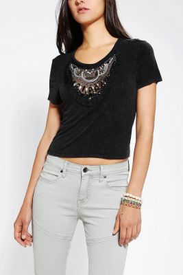 Embellished Acid-Wash Cropped Top