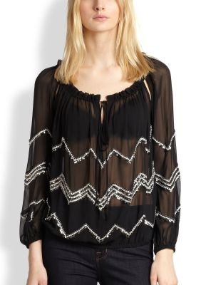 Embellished Silk-Chiffon Peasant Blouse