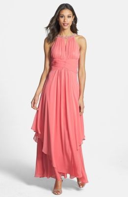 Embellished Tiered Chiffon Halter Gown