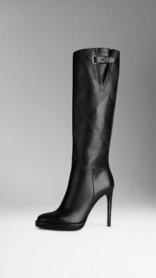 Embossed Check Panel Leather Boots