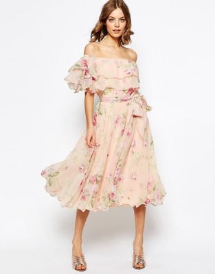 Floral Bardot Off The Shoulder Midi Prom Dress With Multi Ruffle