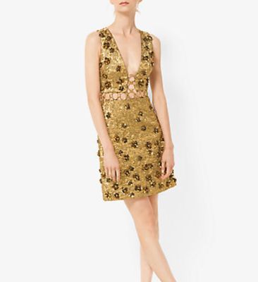 Floral Metallic-Embroidered Brocade Dress