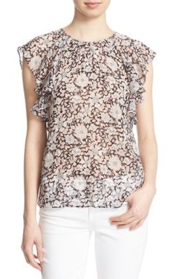 Floral Print Ruffle Sleeve Silk Top
