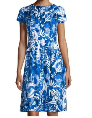 Floral-Print Pleated Short-Sleeve Dress, Lapis Blue