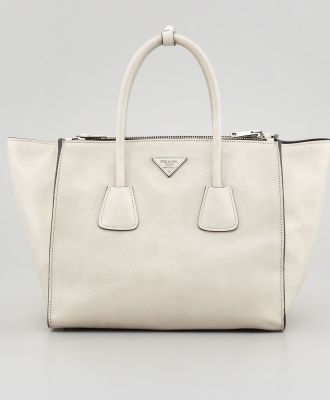 Glace Calf Twin Pocket Tote Bag in Off White