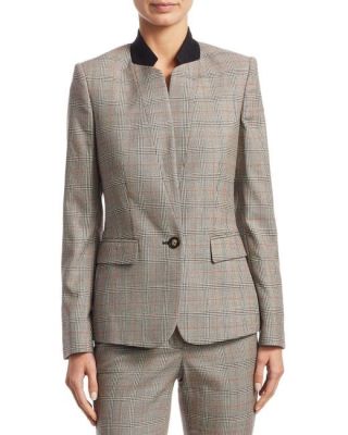 Glen Plaid Wool Stand Collar Blazer