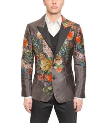 Gray Floral Print Crepe De Chine Jacket