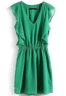 Green V Neck Sleeveless Ruffles Bandeau Dress -