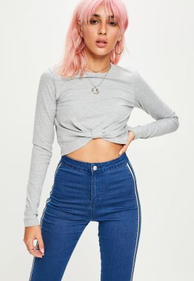 Grey Knot Front Long Sleeved Crop Top