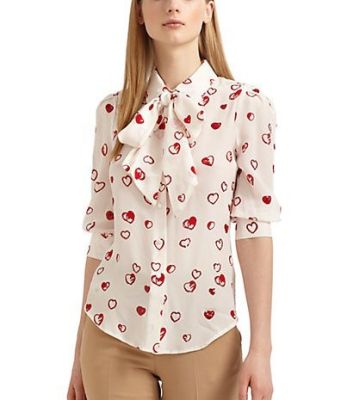 Heart Print Tie-Neck Blouse/White
