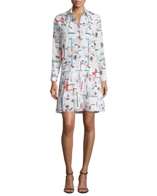 High Gloss Printed Pleated Dress, White/Multicolor