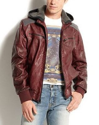 Hooded Faux-Leather Bomber Jacket 