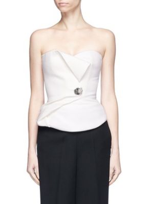 Jewelled brooch mock wrap strapless bustier top