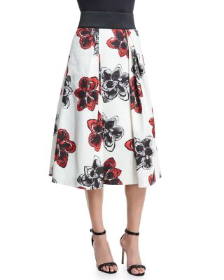 Katie Magnolia-Print Pleated Midi Skirt