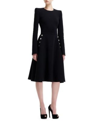 Knit Metal-Button Detail Long-Sleeve Dress (Altered)