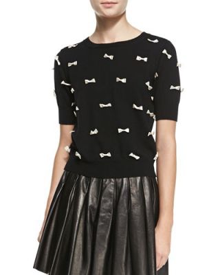 Knit Short-Sleeve Bow Sweater
