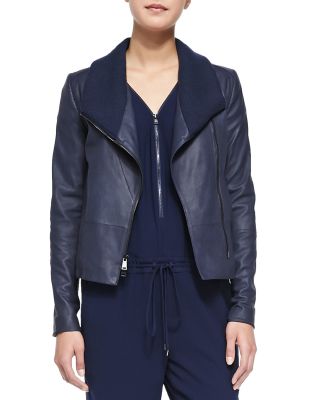 Knit-Collar Leather Jacket