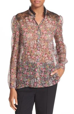 Lace Trim Floral Print Silk Shirt