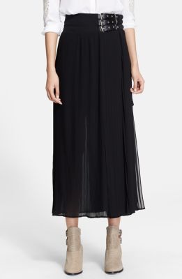 Leather Detail Pleated Chiffon Midi Skirt