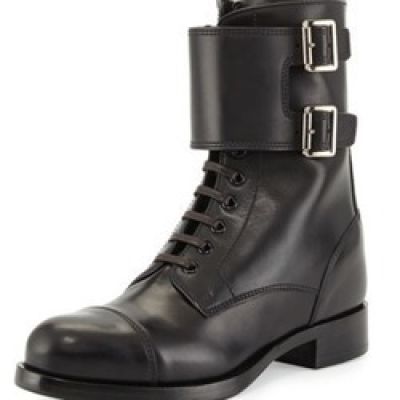 Leather Lace-Up Combat Boot, Black (Nero)