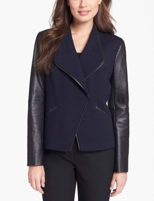 Leather Sleeve Glen Plaid Jacket