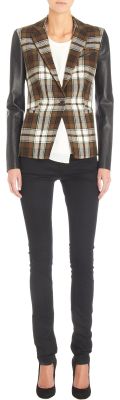 Leather Sleeves One Button Plaid Jacket