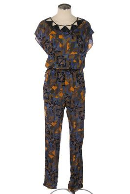 Leatherette Triangle Cutout Geo Printed Jumpsuit