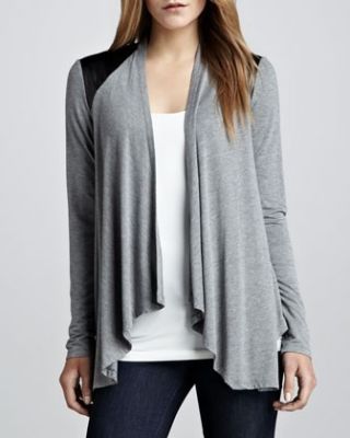 Leather-Shoulder Drape Cardigan