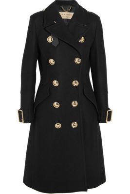 Leather-trimmed double-breasted wool-blend coat