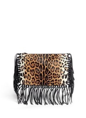 Leopard print pony hair fringe clutch