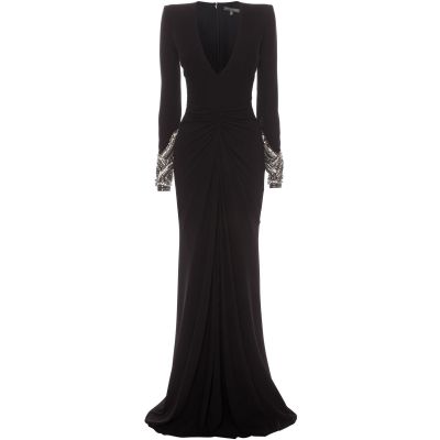 LONG EMBELLISHED V-NECK DRESS