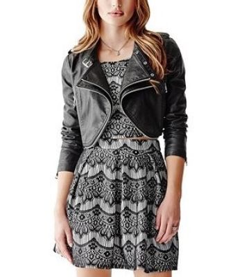 Long-Sleeve Faux-Leather Cropped Moto Jacket
