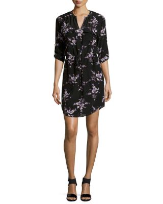 Long-Sleeve Floral-Print Silk Shirtdress, Black