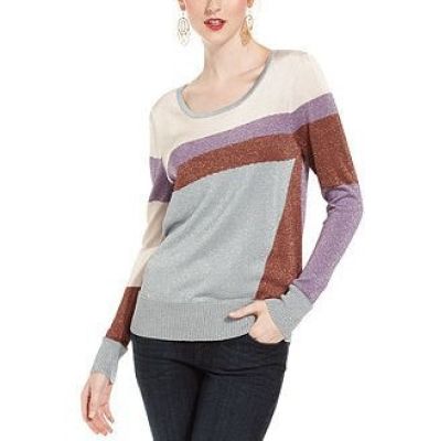 Long-Sleeve Scoop-Neck Colorblocked Metallic Sweater