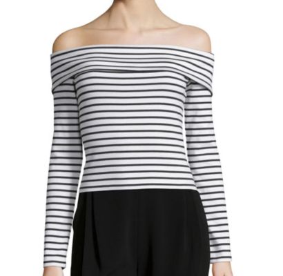 Long-Sleeve Striped Off-the-Shoulder Top, Soft White