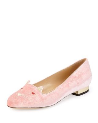 Lovestruck Kitty Velvet Slipper, Pink