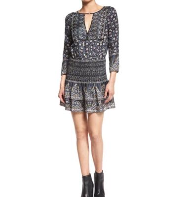 Makai Printed Silk Boho Dress, Shadow Blue