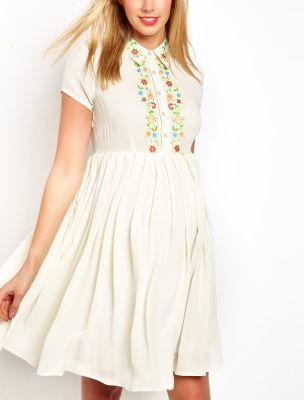 Maternity Exclusive Shirt Dress with Floral Embroidery