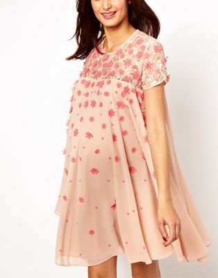 Maternity Exclusive Swing Dress with Floral Applique and Cap Sleeve