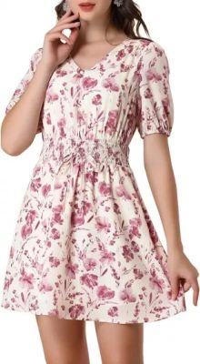 Allegra K - Floral V Neck Puff Short Sleeve Dress, Smocked Tie