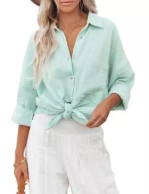 Amebelle - Women's Cotton Frayed Button Down Shirt, Long Sleeve with Pockets