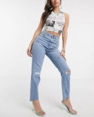 ASOS - Farleigh - High-Waisted Slim Mom Jeans with Ripped Knees and Distressed Patchwork Effect - Vintage Light Wash