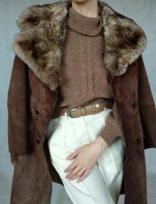 erp - Vintage Fur Collar Leather Coat