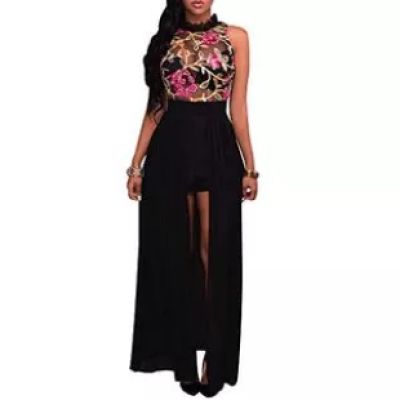Evedesign - Women's Sheer Mesh Embroidery Maxi Dress, Sleeveless Halter, High Split, Black