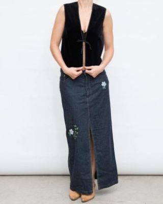 Krizia - Maxi Denim Skirt, Long Front Split, Vintage Denim Skirt, Full-Length Skirt, 80s Jeans Skirt, Embroidered Denim Skirt