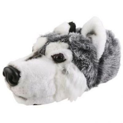 Husky Sled Dog Animal Slippers Plush Plain Grey