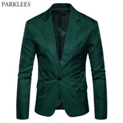 One Button Notched Lapel Green Blazer