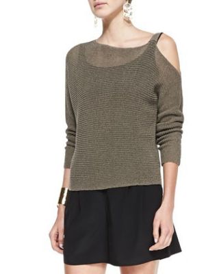 Ribbed Linen Cold-Shoulder Top